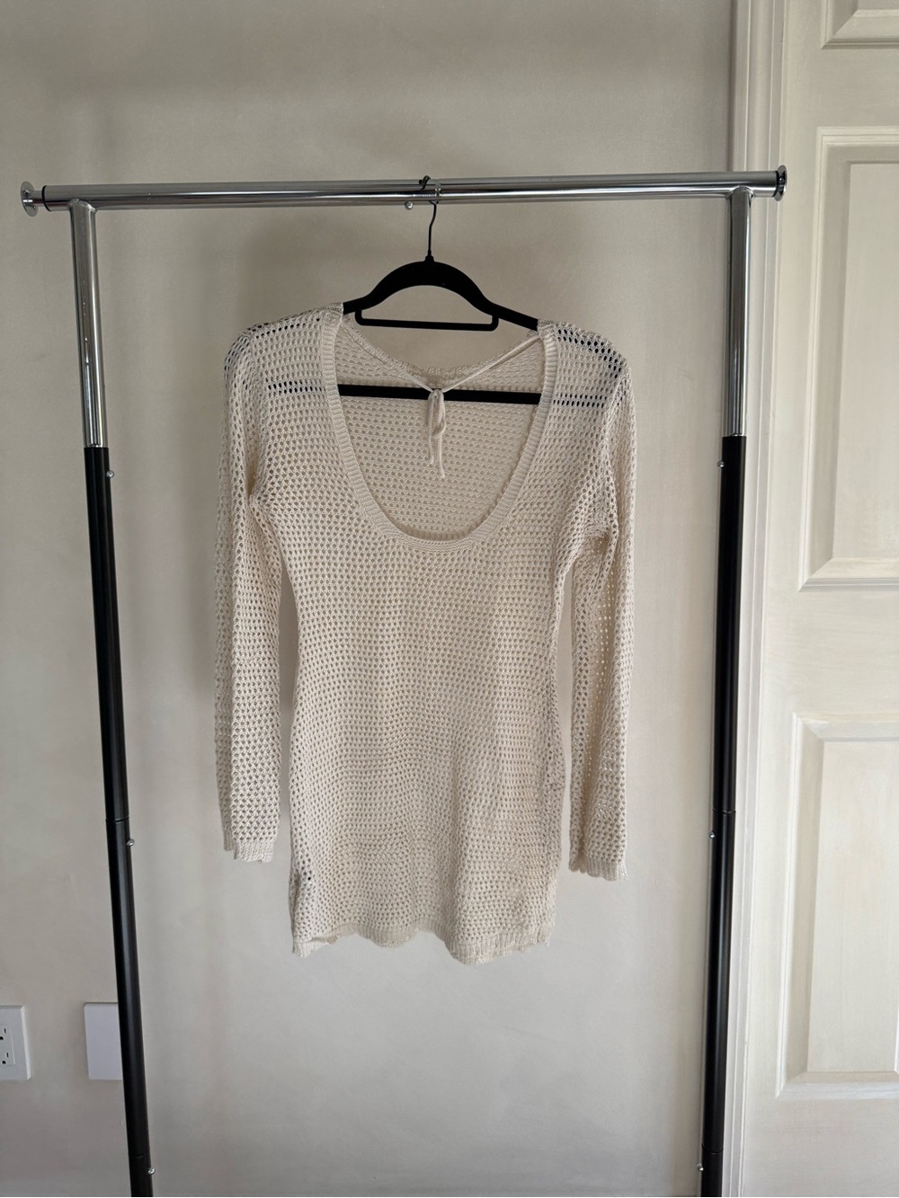 SHEIN Cream Open-Knit V-Neck Sweater with Back Tie